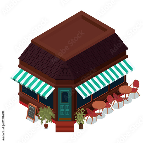 Cozy street cafe exterior with striped awnings outdoor seating tables and plants in isometric city corner view