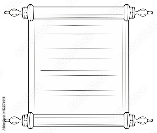 Blank ancient scroll with ornate handles and lines for text, vector line art illustration