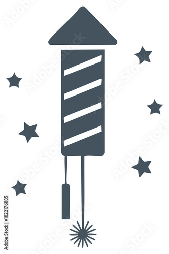 Stylized dark gray firework rocket with sparking fuse and decorative stars for celebration