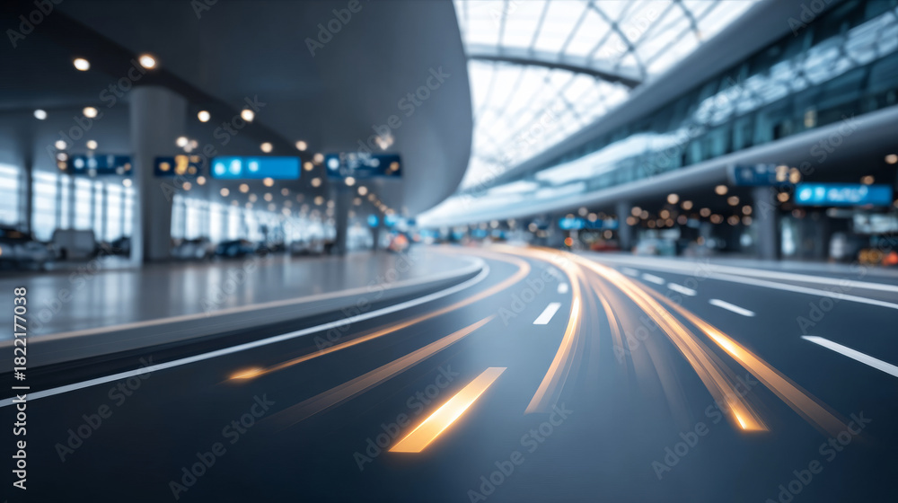 Naklejka premium Conceptual smart grid infrastructure with glowing lines on a curving asphalt road inside a contemporary station hub