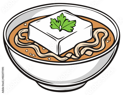 Delicious tofu and noodle bowl illustration featuring vibrant green garnish for culinary art and food design projects