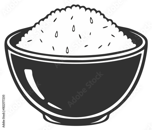 Steaming bowl overflowing with fluffy white rice, adorned with sesame seeds, in graphic black and white style
