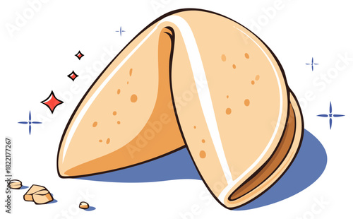Cartoon Style Fortune Cookie Illustration with Crumbs and Sparkling Accents