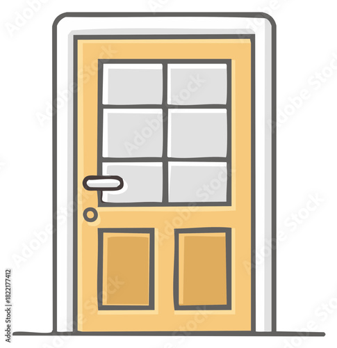 Light Yellow Door with Glass Panes and Door Handle Illustration Style Design Element