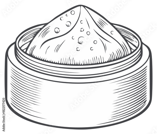 Engraved line art drawing of an open jar filled with fine powder, vintage style illustration