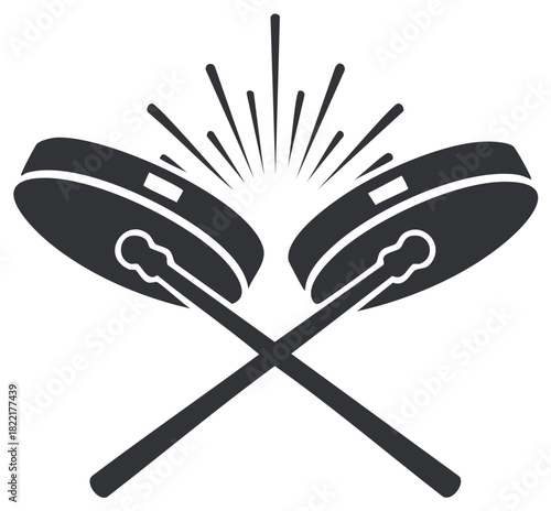 Drums and drumsticks in a crossed position, musical instrument icon with abstract rays of light, percussion