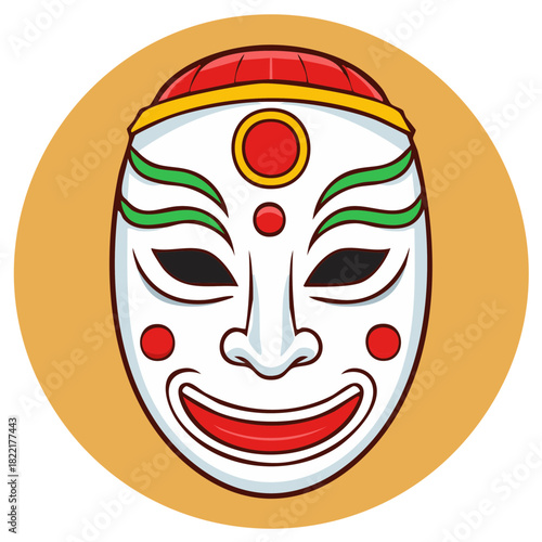 Cartoon Depiction of Smiling Korean Traditional Mask Ornamented with Decorative Details