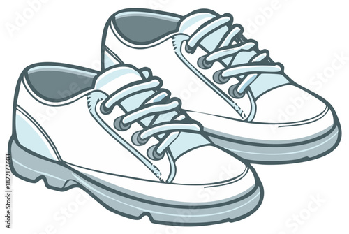 Pair of white canvas sneakers with light blue laces and gray accents