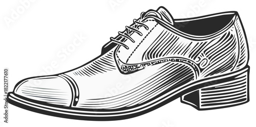 Classic Wingtip Dress Shoe Vector Illustration Detailed Engraving Style Black and White