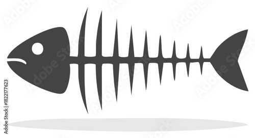 Minimalist illustration of a stylized dark gray fish skeleton with a single eye and fin detail