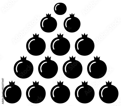 Black pomegranate icons arranged in a pyramid shape. Minimalist fruit silhouette vector illustration.