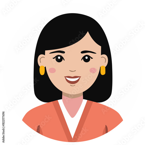 Portrait of a young woman with black bob hair and orange cardigan in a cartoon style