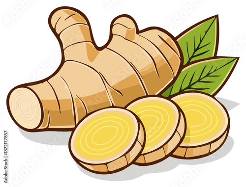 Fresh ginger root with cut slices and green leaves, vibrant and healthy food ingredient, aromatic spice illustration