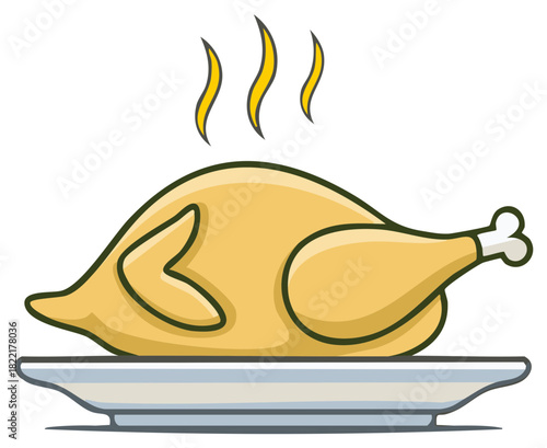 Roasted chicken with steam on a plate prepared for a festive dinner.