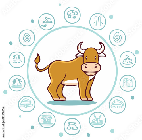 Bull Mascot Character Zodiac Animal with Astrology Symbol Elements Circle Horoscope