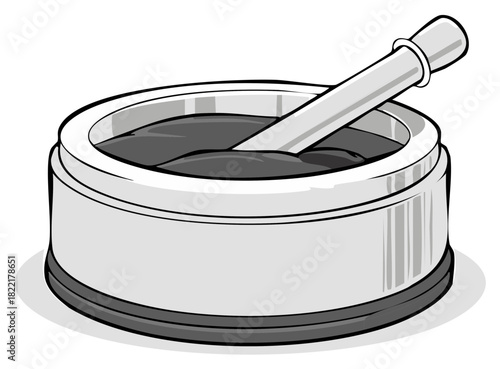Grayscale vector illustration of a traditional kitchen mortar and pestle with ingredients inside for grinding and mixing