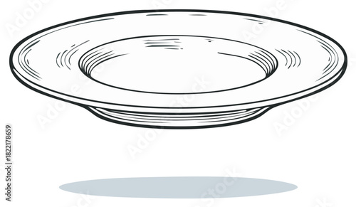 Hand-drawn illustration of a single white plate with a rim, sketch style
