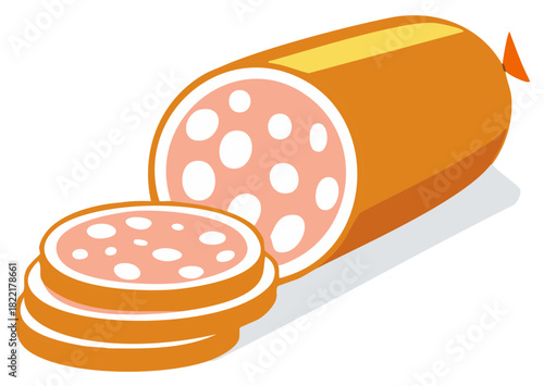 Cartoon Salami Slice Illustration, Delicious Processed Meat Isolated on White Background