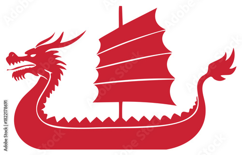 Powerful red mythical dragon ship with a traditional junk sail vector illustration