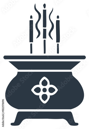 Stylized spiritual incense censer icon with burning sticks emitting fragrant smoke