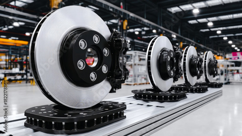 New car brake discs with calipers aligned on a production line, highlighting automotive industry manufacturing and assembly