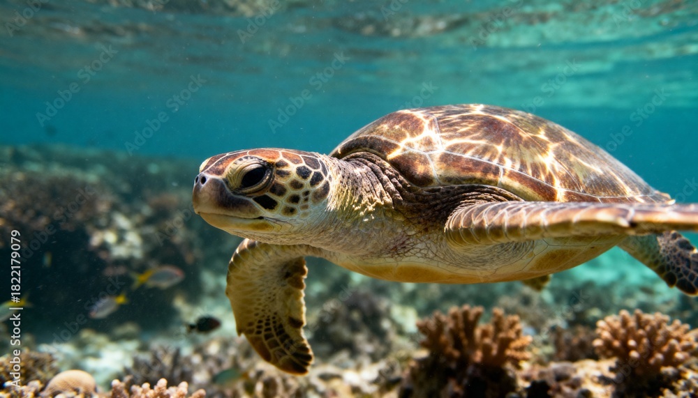 Obraz premium close-up of green sea turtle swimming gracefully with sunlight filtering through water