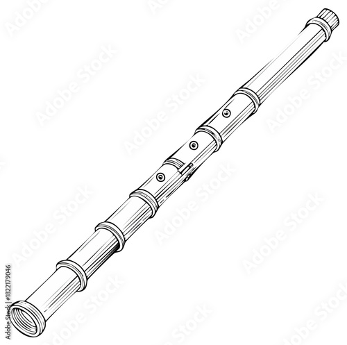 Detailed line art illustration of a classic transverse flute or fife musical instrument