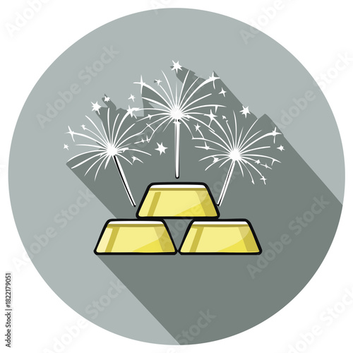 Three gold bullion bars stacked with sparkling celebratory fireworks