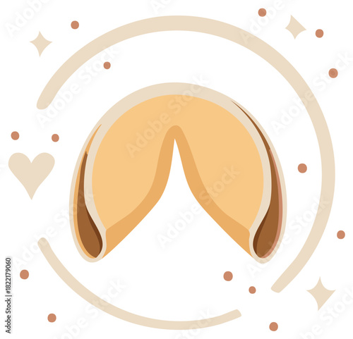 Stylized Fortune Cookie with Decorative Accents Sparkles and Heart Symbol of Luck