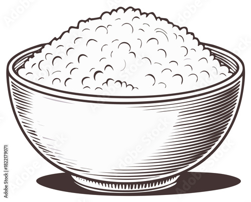 Classic woodcut illustration of a bowl full of fluffy rice ready to be served