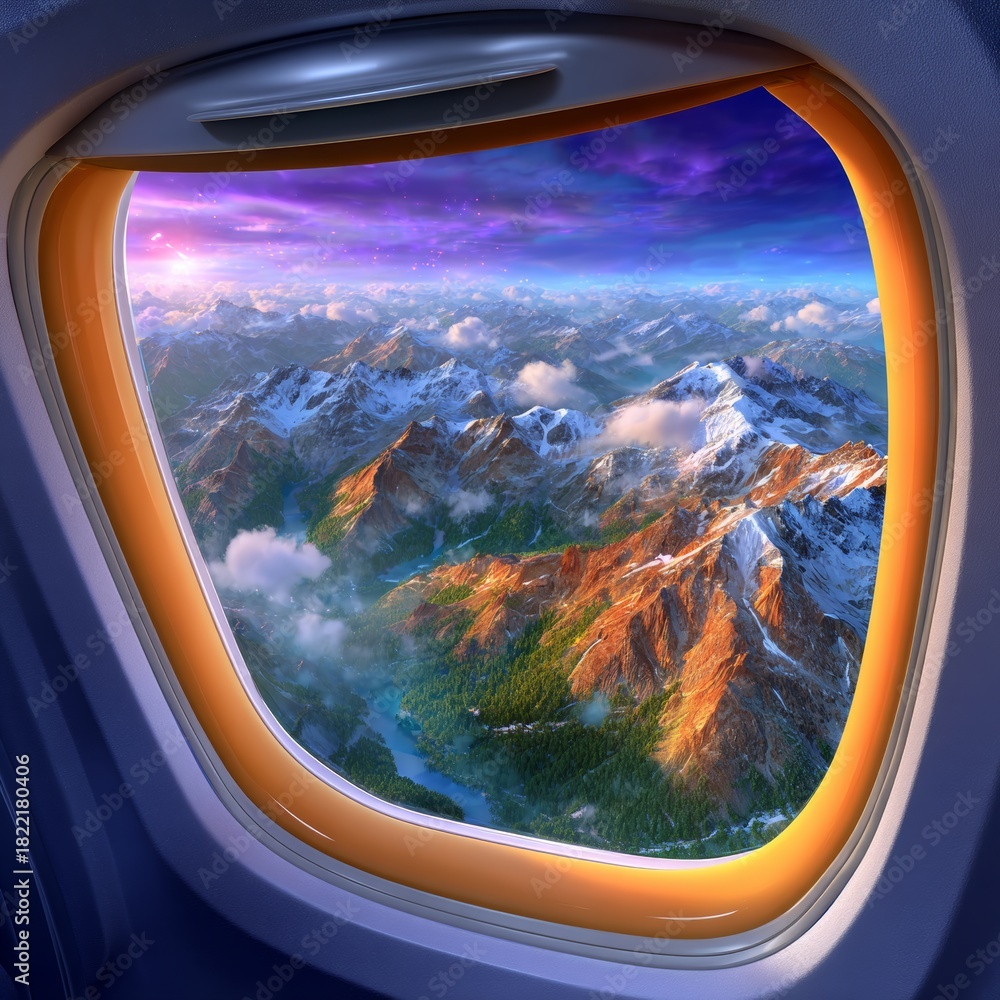 Fototapeta premium Snowy landscape and mountain ranges below. Generative AI