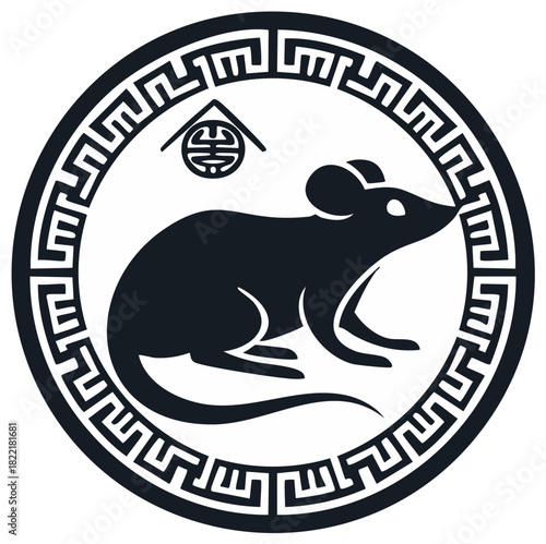 Black rat symbol within decorative circular frame with ancient Chinese auspicious cloud pattern