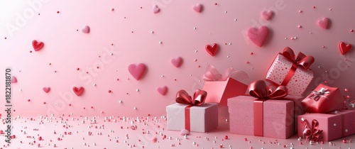 Gifts Wrapped in Pink With Hearts Scattered on a Soft Background for a Specia...