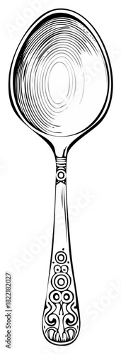 Vintage spoon with an ornate decorative handle in a line art style