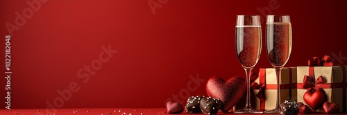 Celebration Setup With Sparkling Drinks, Chocolates, and Gifts on Red Background