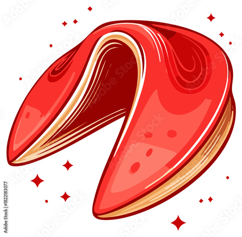 Vibrant red fortune cookie illustration with sparkling good luck and sweet wisdom