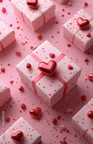 Beautiful Pink Gifts Arranged for a Celebration With Hearts and Decorations S...