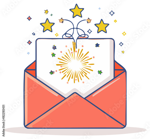 Celebratory invitation card with sparkling fireworks and stars bursting from an open envelope