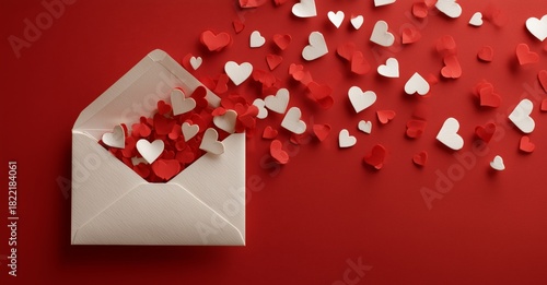 Love Letter Envelope Spills Hearts on Vibrant Red Background for Valentines D...