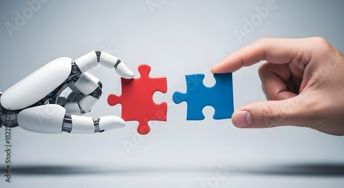 Human hand and robotic arm collaborating to connect two puzzle pieces symbolizing teamwork and artificial intelligence integration