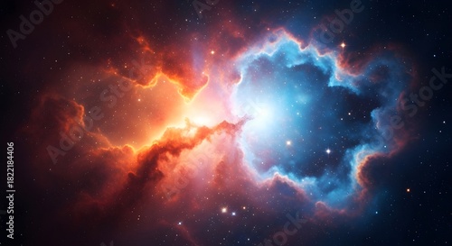 Vibrant cosmic nebula with swirling clouds of red and blue gas illuminated by distant stars and galaxies