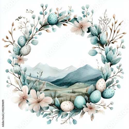 Beautiful Spring Scene With Decorated Eggs, Flowers, and Mountains in the Bac...