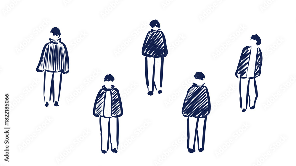 Αυτοκόλλητο Abstract illustration of five standing figures in casual wear, hand-drawn style with sketchy lines, simplistic and minimal aesthetic on white background, transparent