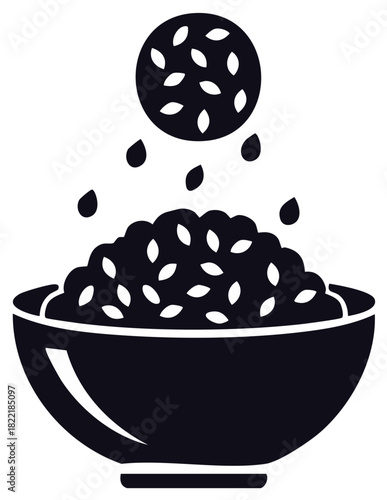 Bowl of rice with sesame seeds falling from above in a stylized illustration