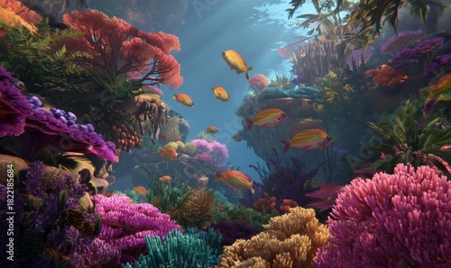 Vibrant Underwater Scene With Colorful Coral Reefs and Tropical Fish Swimming...