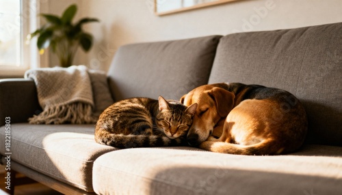 peaceful pets resting on gray sofa, cat and dog friendship in living room