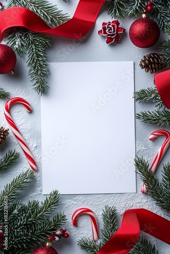Festive Holiday Scene With Blank Paper Surrounded by Decorations and Greenery