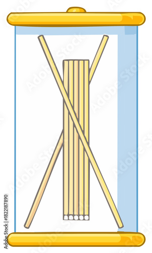 Stylized golden hourglass filled with wooden sticks, classic time measurement device illustration, simple cartoon icon