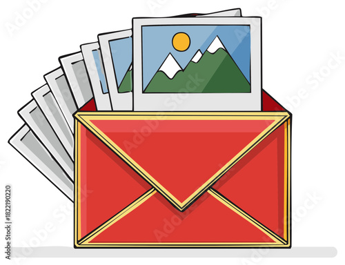 Red Envelope with Pictures Depicting Scenery. Vector Illustration.