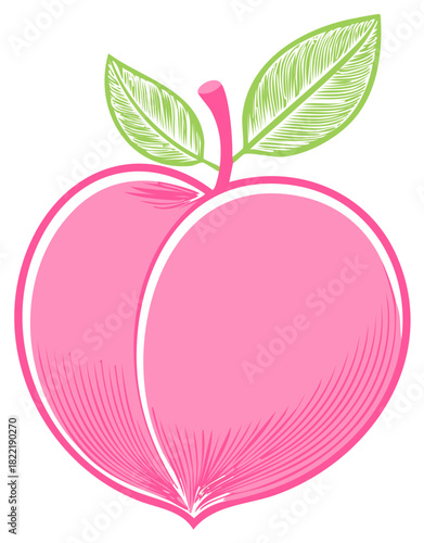 Pink Peach with Green Leaves Vector Illustration, Single Isolated Fruit Icon, Art